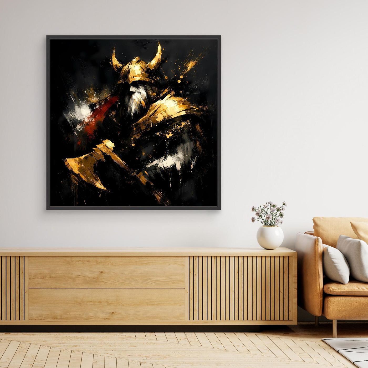 Leinwand Goldener Wikinger Krieger | Abstraktes Nordmann Wandbild Modern