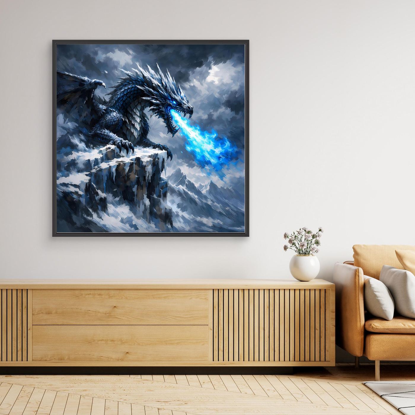 Leinwand Eisdrache auf stürmischem Berggipfel | Episches Fantasy-Wandbild auf echter Leinwand