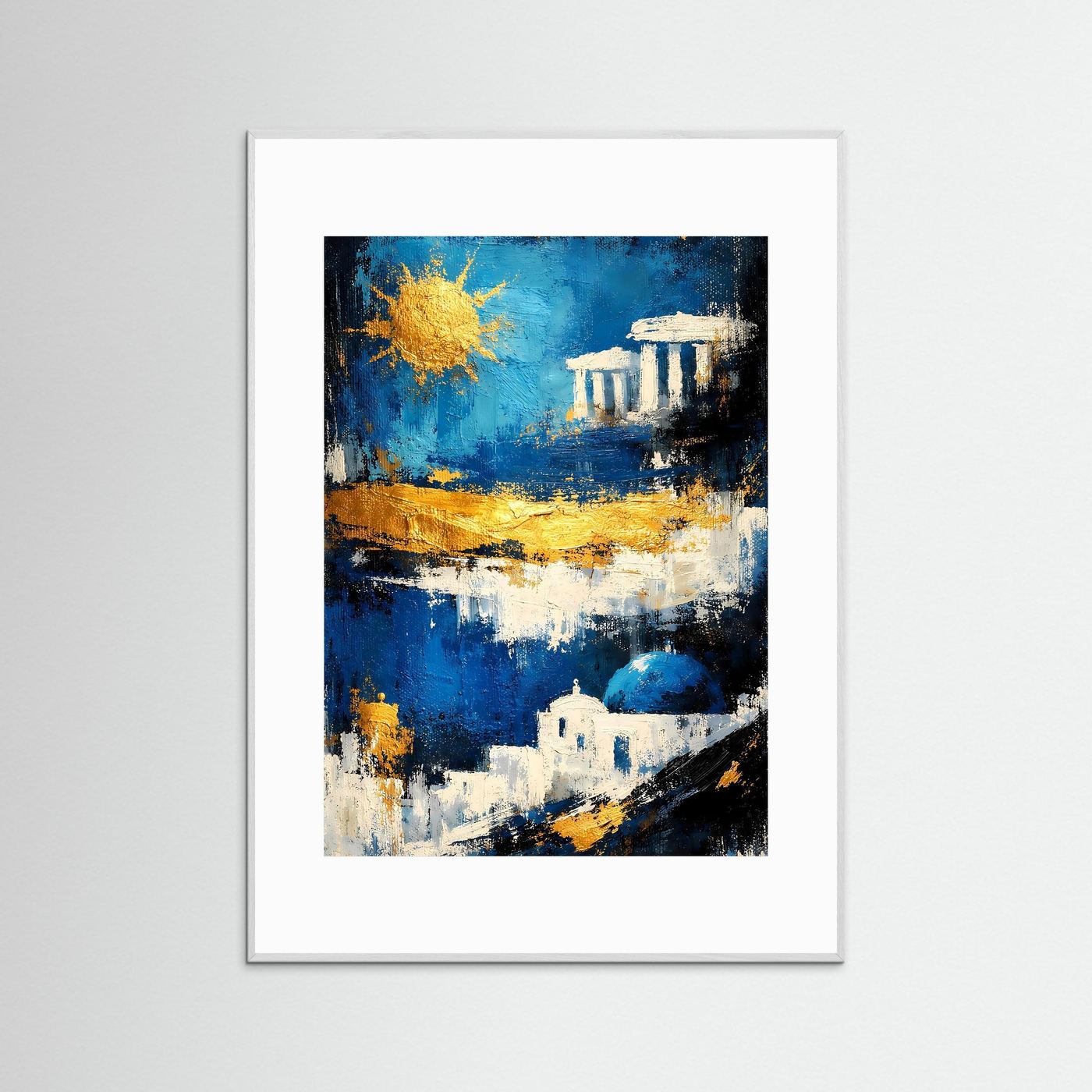 Abstraktes Griechenland-Poster: Azurblau mit Tempelmotiv, gelbe Sonne, silberner Rahmen