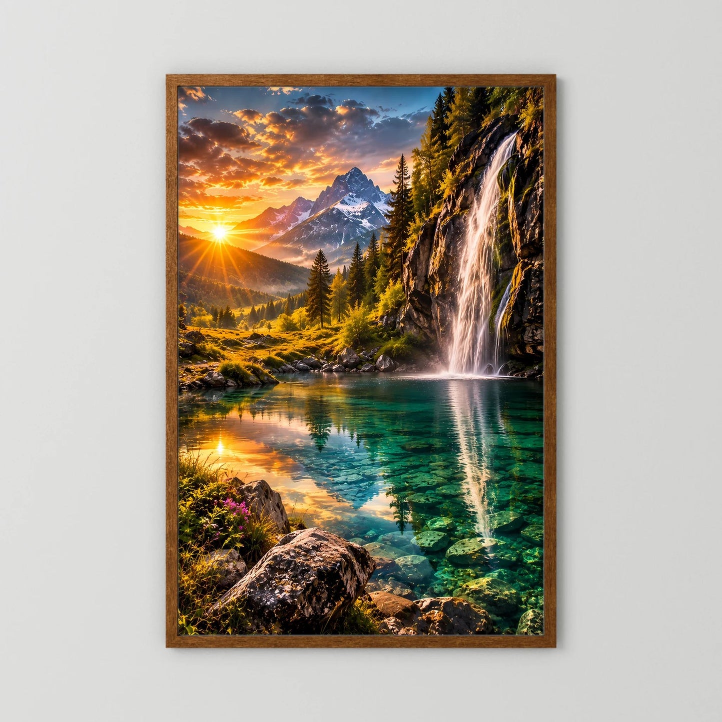 Poster im Holzrahmen, Alpenlandschaft mit Wasserfall und See bei Sonnenuntergang