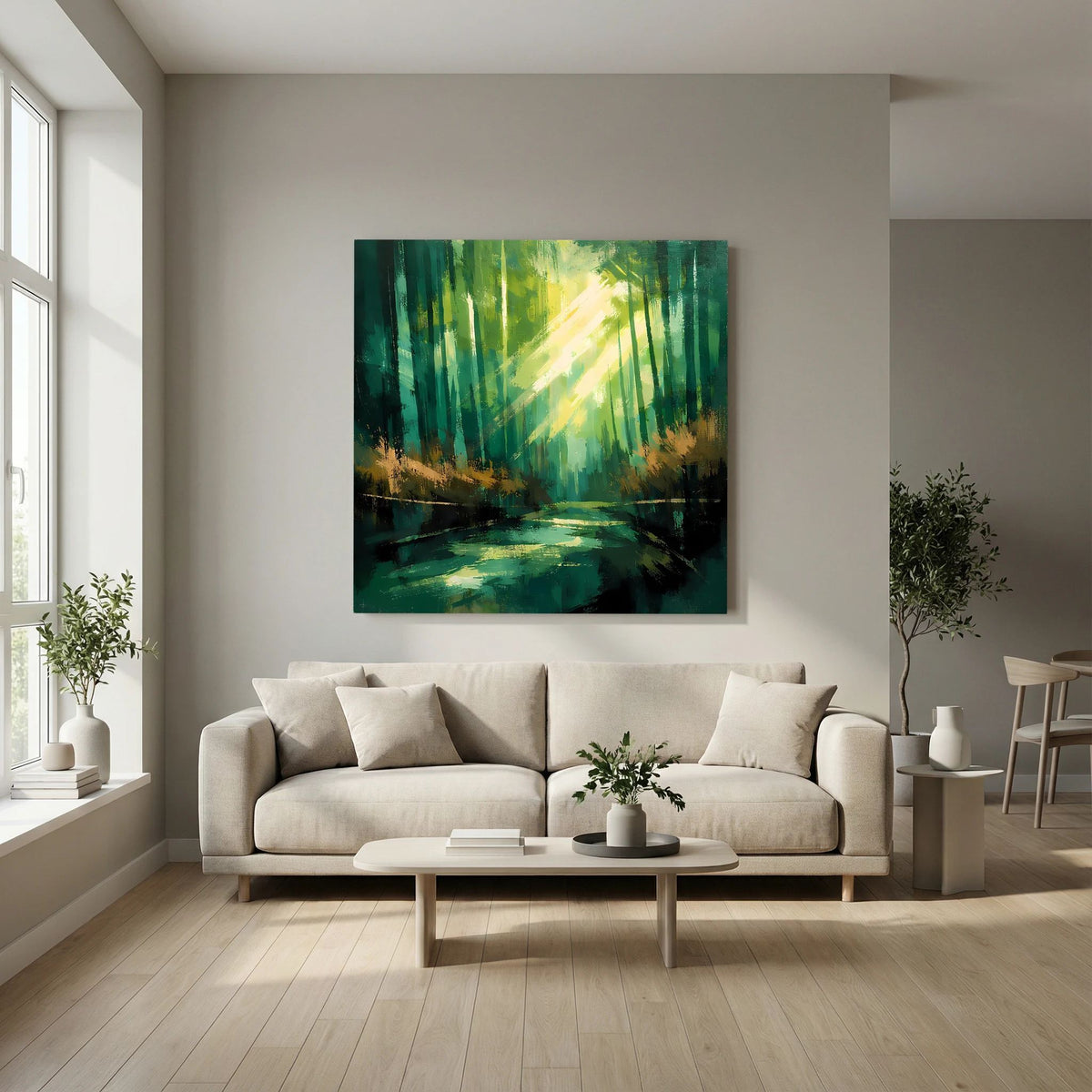 Leinwand-Wandbild mit grünen Baumflächen, gelblich hellem Licht und Fluss im Wald