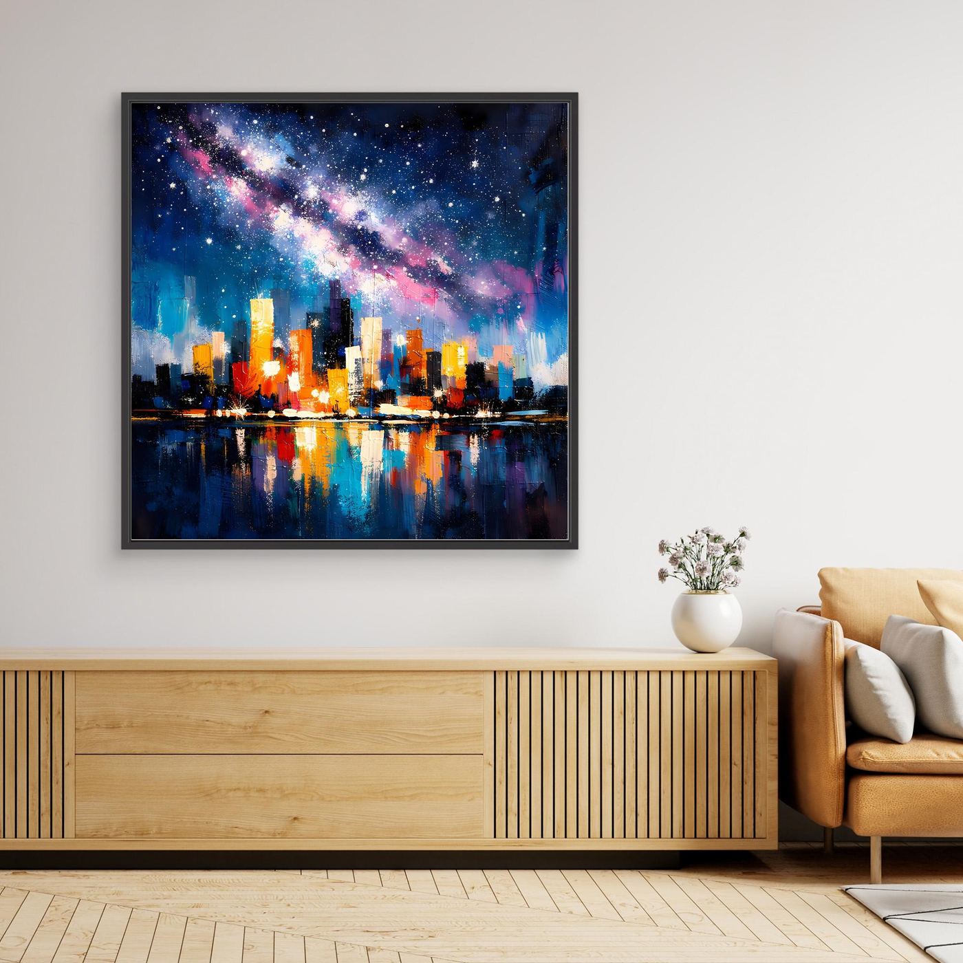 Black-framed canvas city skyline wall art with starry galaxy and glowing buildings