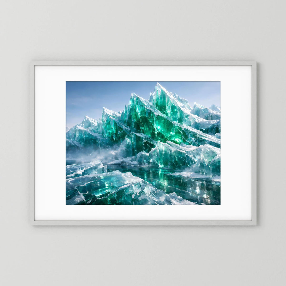 Wandbild mit smaragdgrünen Eisbergen, weißer Rahmen, Querformat