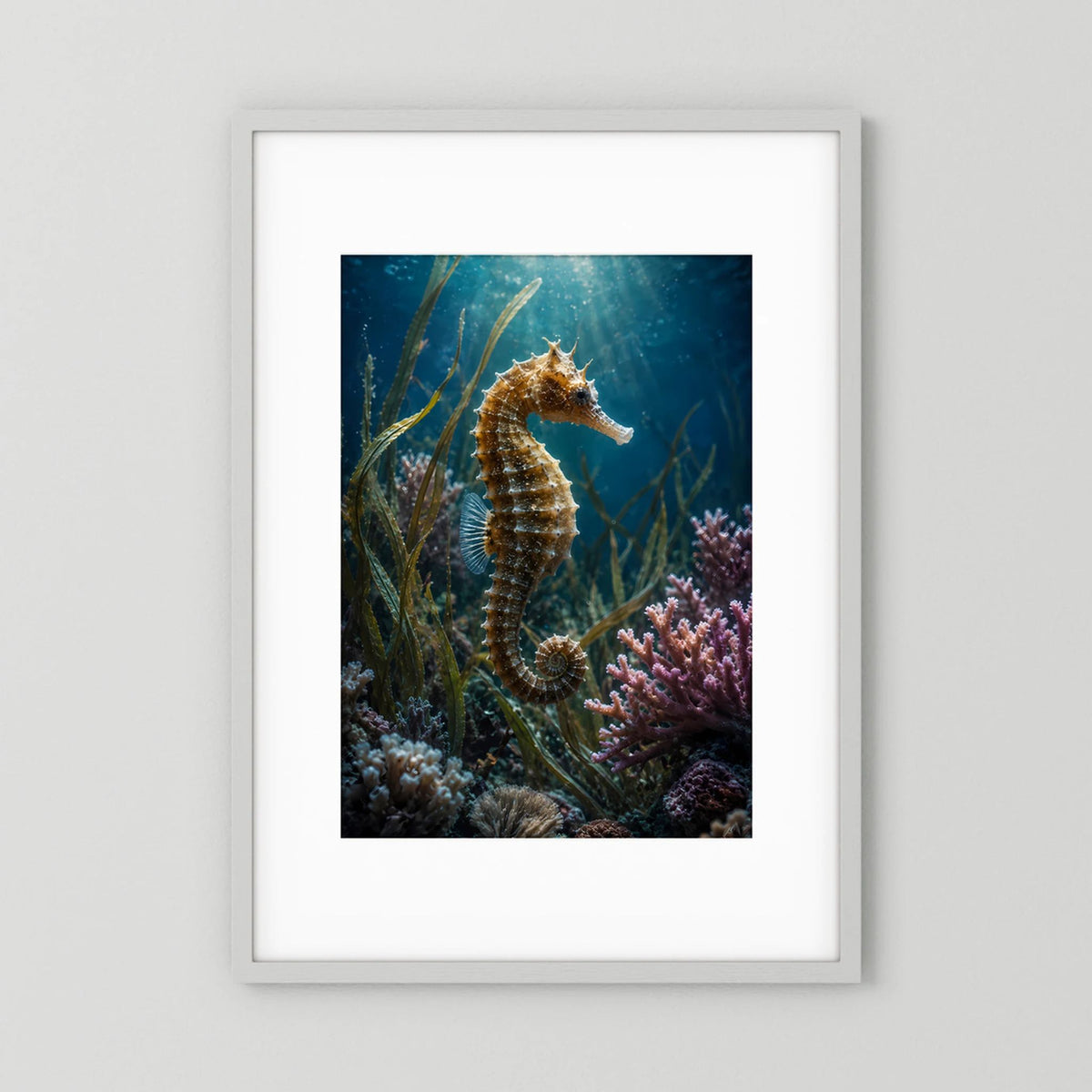 Hochformat-Poster mit Seepferdchen im Korallenriff unter Wasser, im weißen Rahmen