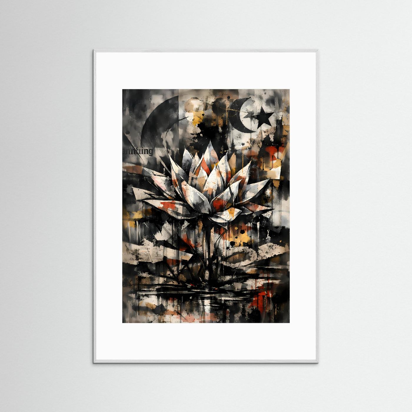 Abstraktes Lotus-Mondmotiv im Graphitstil mit Sonnenrad, im weißen Holzrahmen