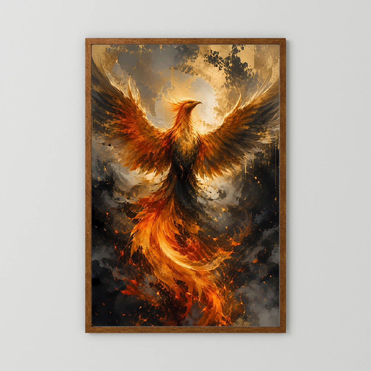 Poster im Hochformat: brennender Phönix in Gold und Orange, brauner Holzrahmen