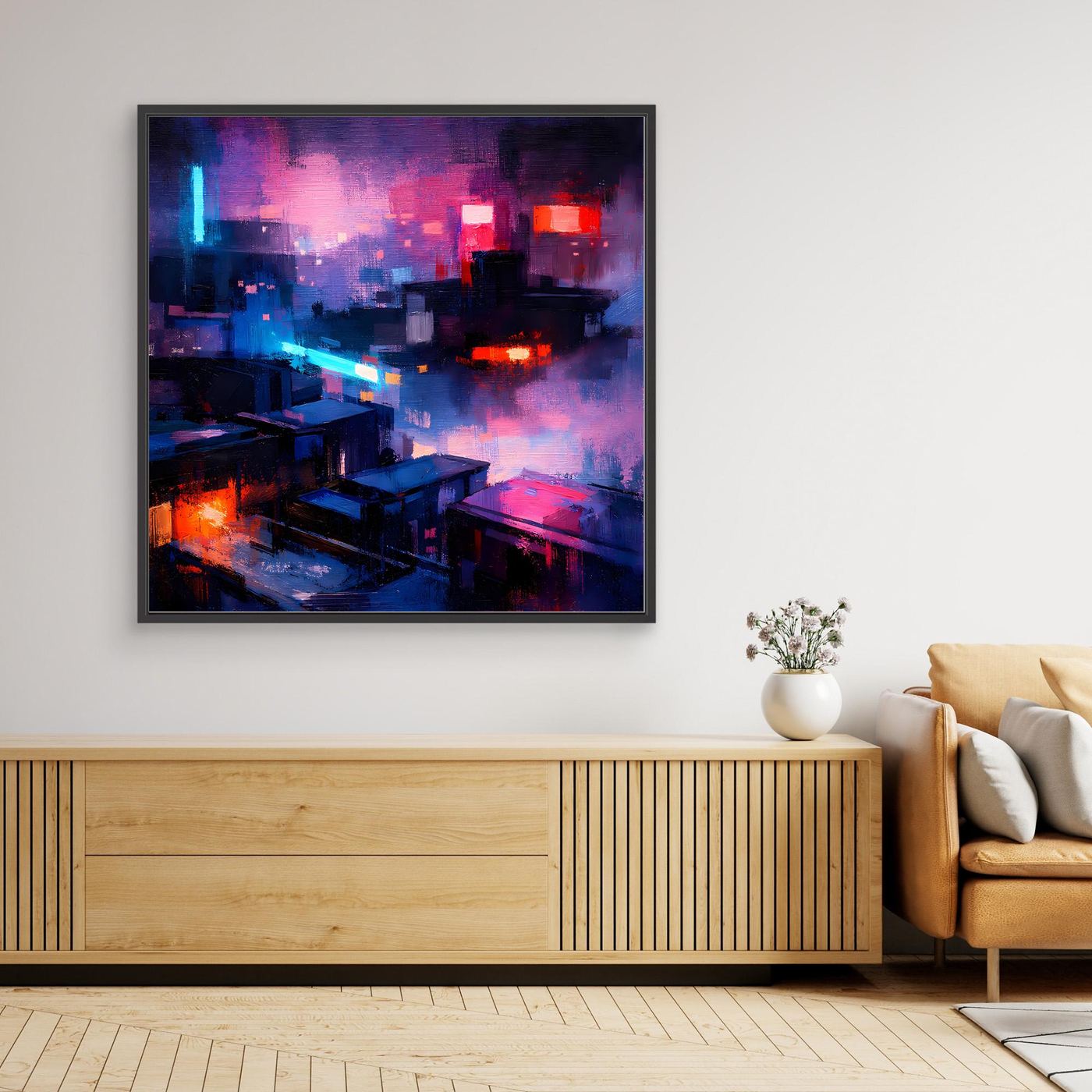 Leinwand Cyberpunk City bei Nacht | Modernes Neon-Dystopie Wandbild auf echter Leinwand