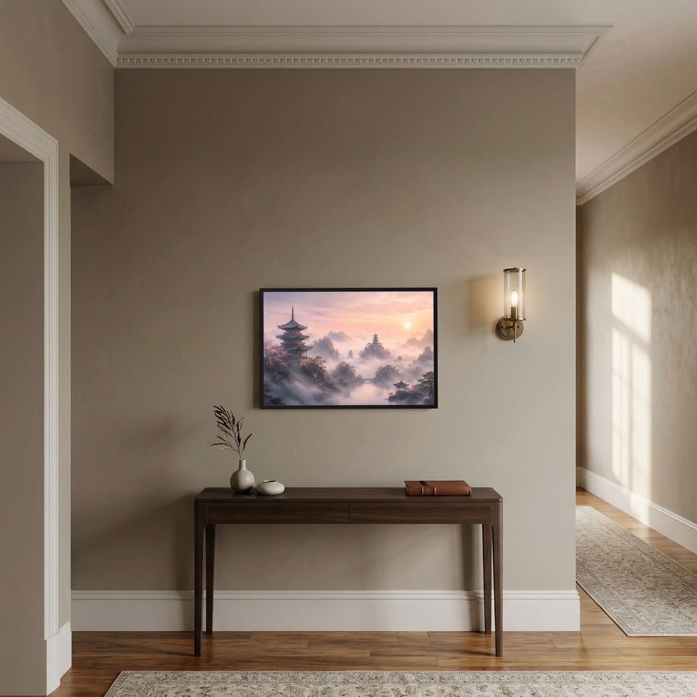 Querformat-Poster mit pagodenartiger Berglandschaft in Pastellrosa, im schwarzen Rahmen