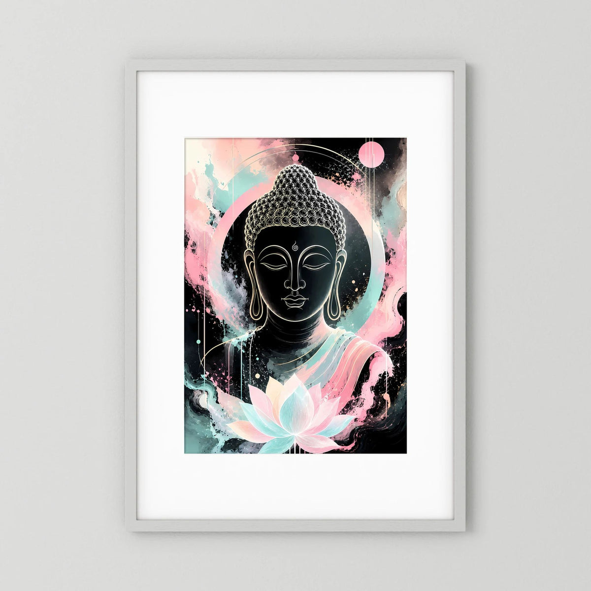 Gerahmtes Hochformat-Poster mit schwarzem Buddha und rosa-pastellfarbener Lotusblüte.