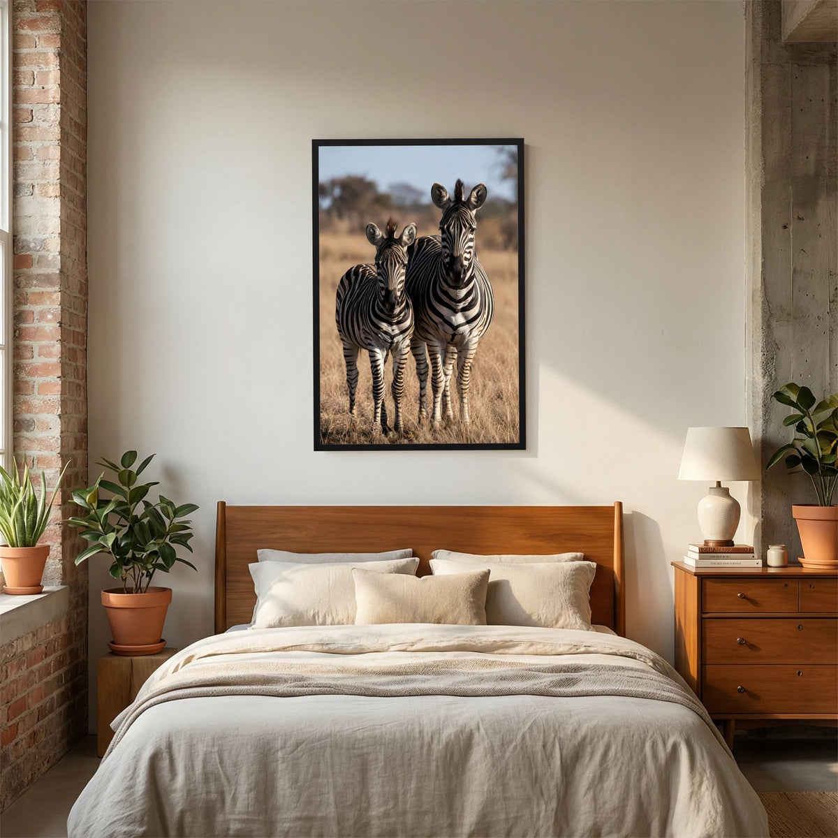Hochformatiges Poster mit Zebra-Mutter und Jungtier, im schwarzen Rahmen