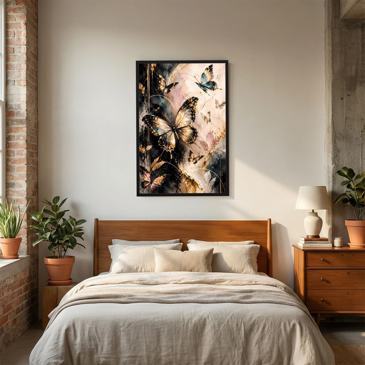 Gerahmtes Hochformat-Poster über dem Bett, Schmetterlinge in Gold und Schwarz