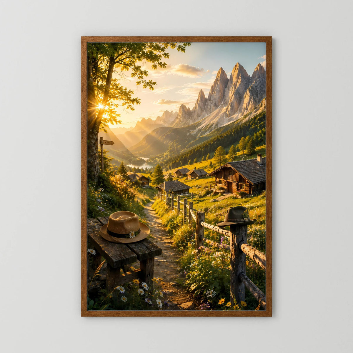 Hochformat-Poster Almpfad mit Almhütten und Felsbergen, brauner Holzrahmen