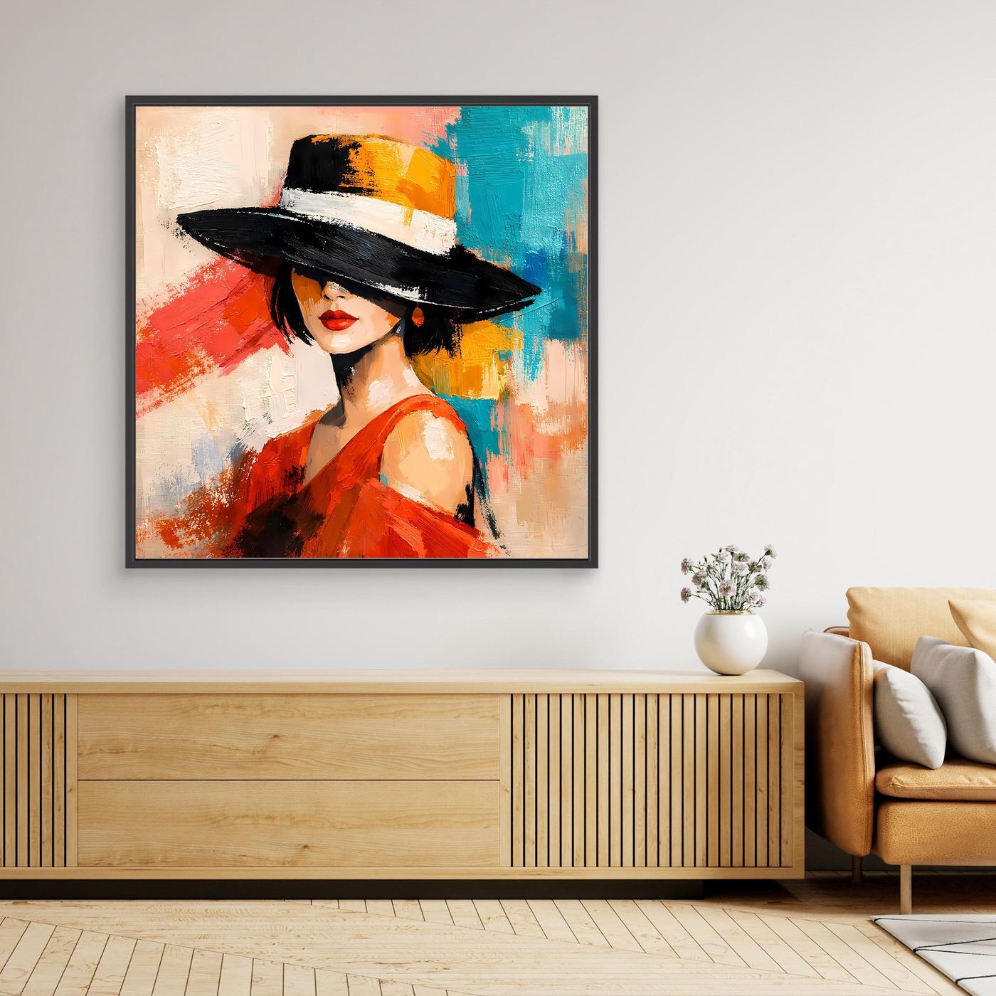 Dark-framed canvas fashion wall art of a woman in a black hat and red dress, abstract background