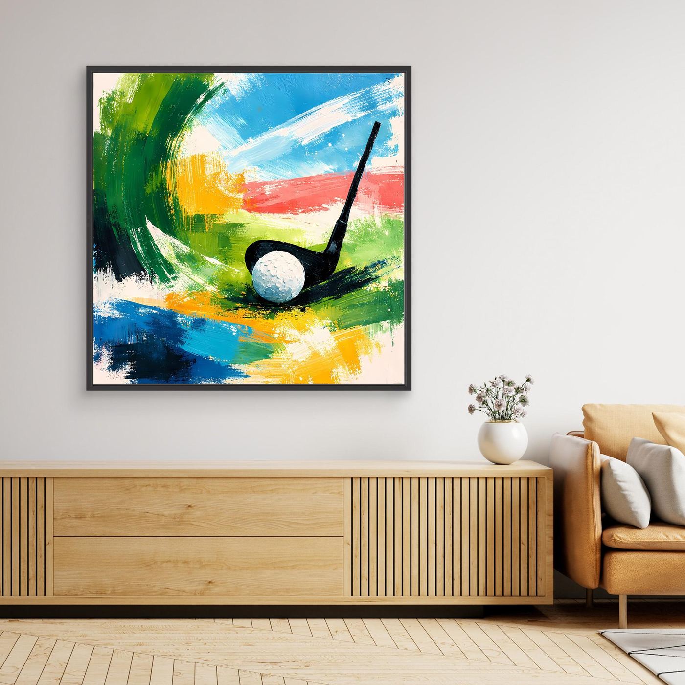 Abstraktes Leinwandbild mit Golfschläger und Ball, schwarzer Rahmen