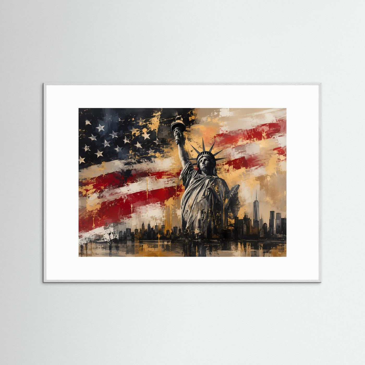 Freiheitsstatue & New York Skyline | Abstraktes USA Poster mit Flagge | Modernes Wandbild Querformat