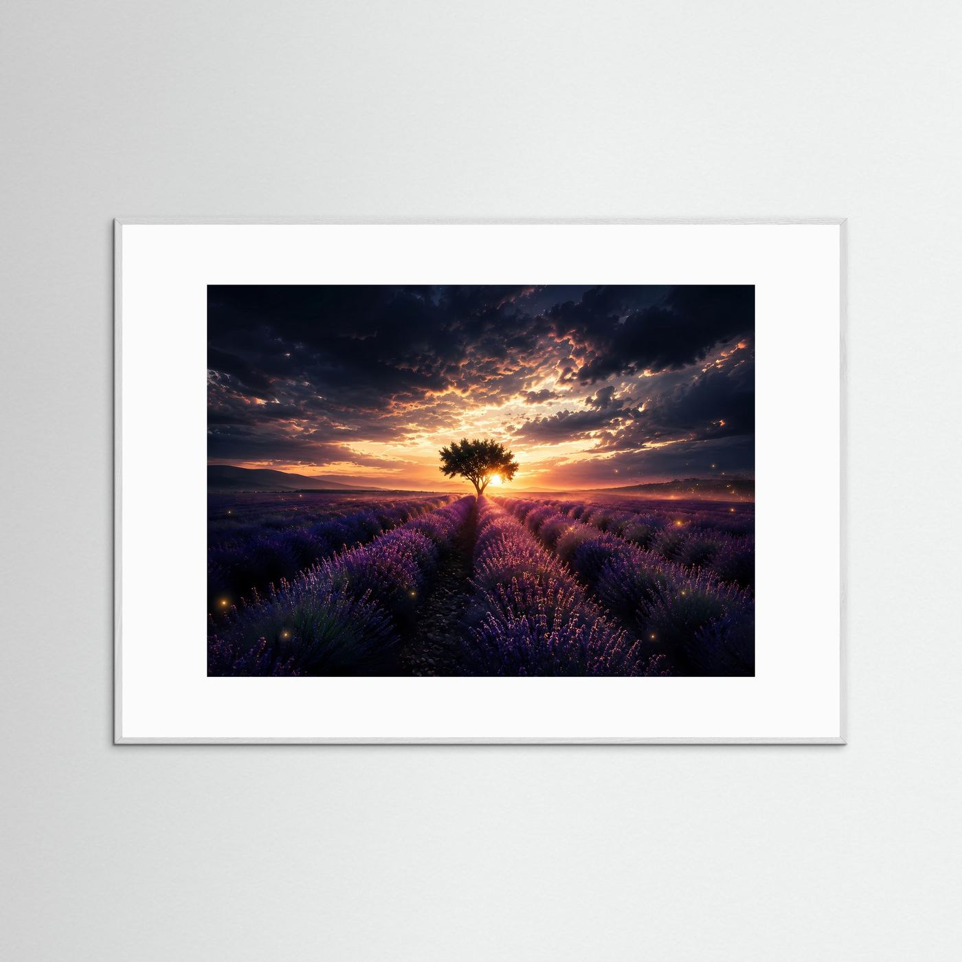 Lavendelfeld mit Baum Poster | Sonnenuntergang Landschaft Wandbild | Provence Lavendel Kunst | Natur Fine Art Print | Modernes Panorama