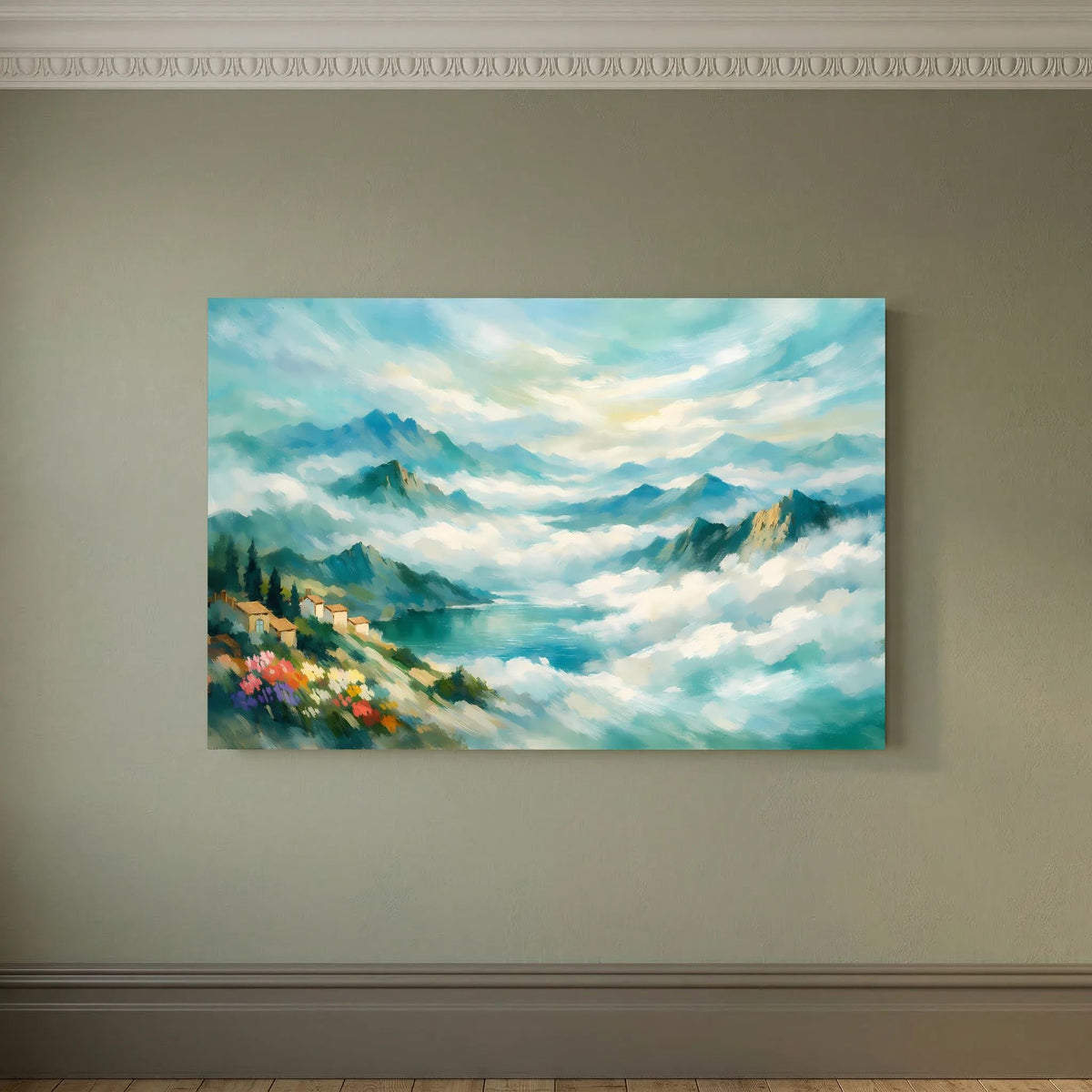 Wandbild Querformat: impressionistische Berglandschaft mit Nebel und Wolken