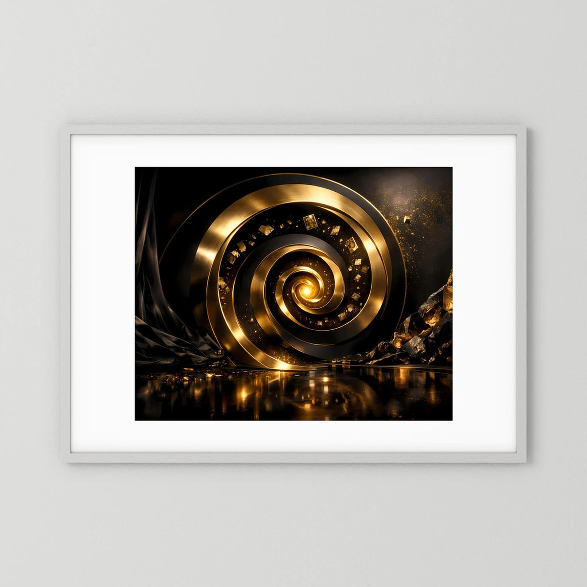 Wandbild mit goldener 3D-Spirale, im weißen Holzrahmen