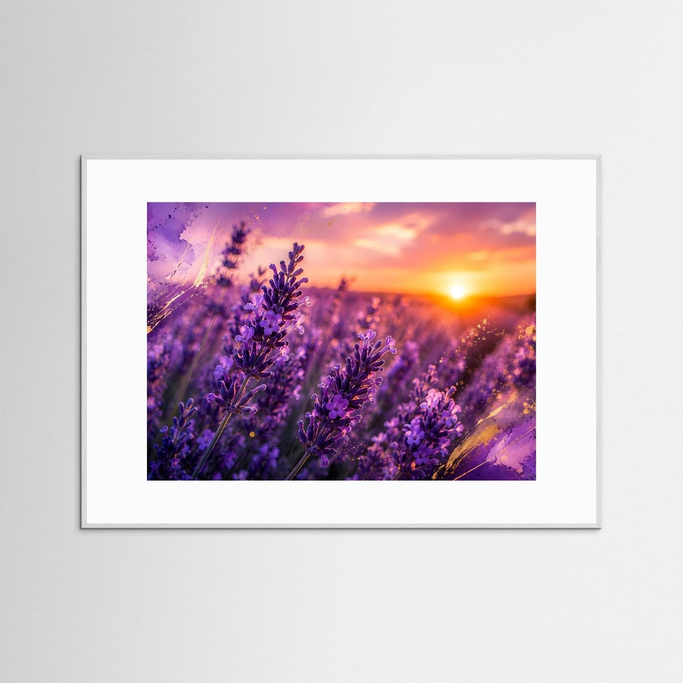 Lavendelfeld im goldenen Sonnenuntergang | Romantisches Lavendel Poster Panorama Querformat in Violett & Gold