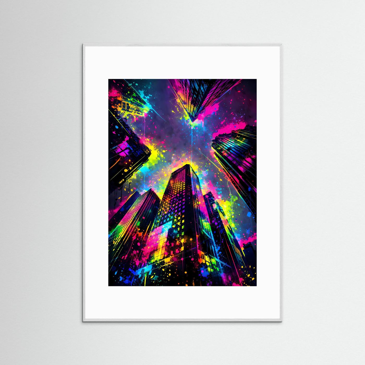 Urbane Farbexplosion | Abstraktes Wolkenkratzer Poster aus der Froschperspektive | Modernes Skyline Kunstposter Hochformat