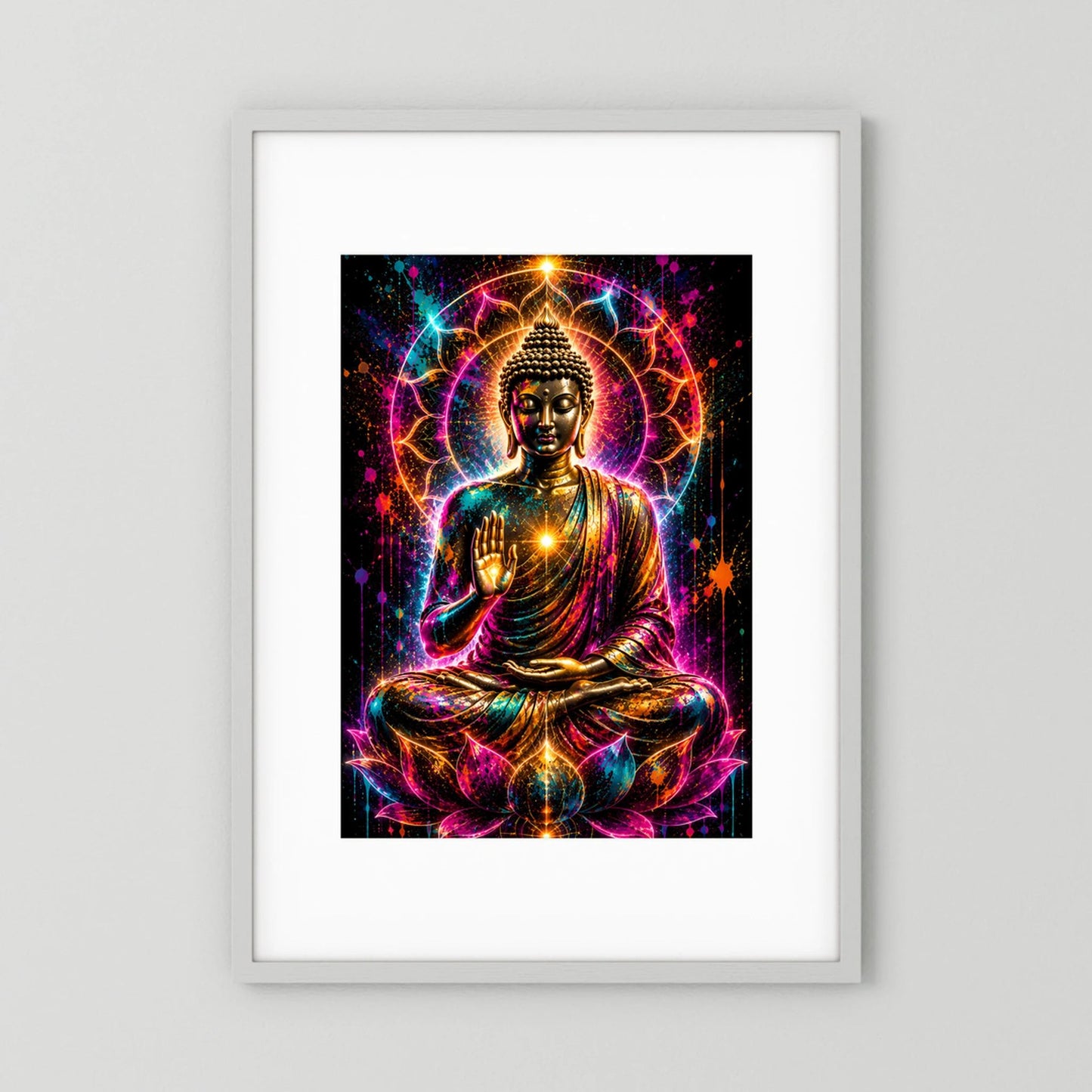 Hochformat-Poster: sitzender Buddha in leuchtenden Neonfarben mit Aura-Design