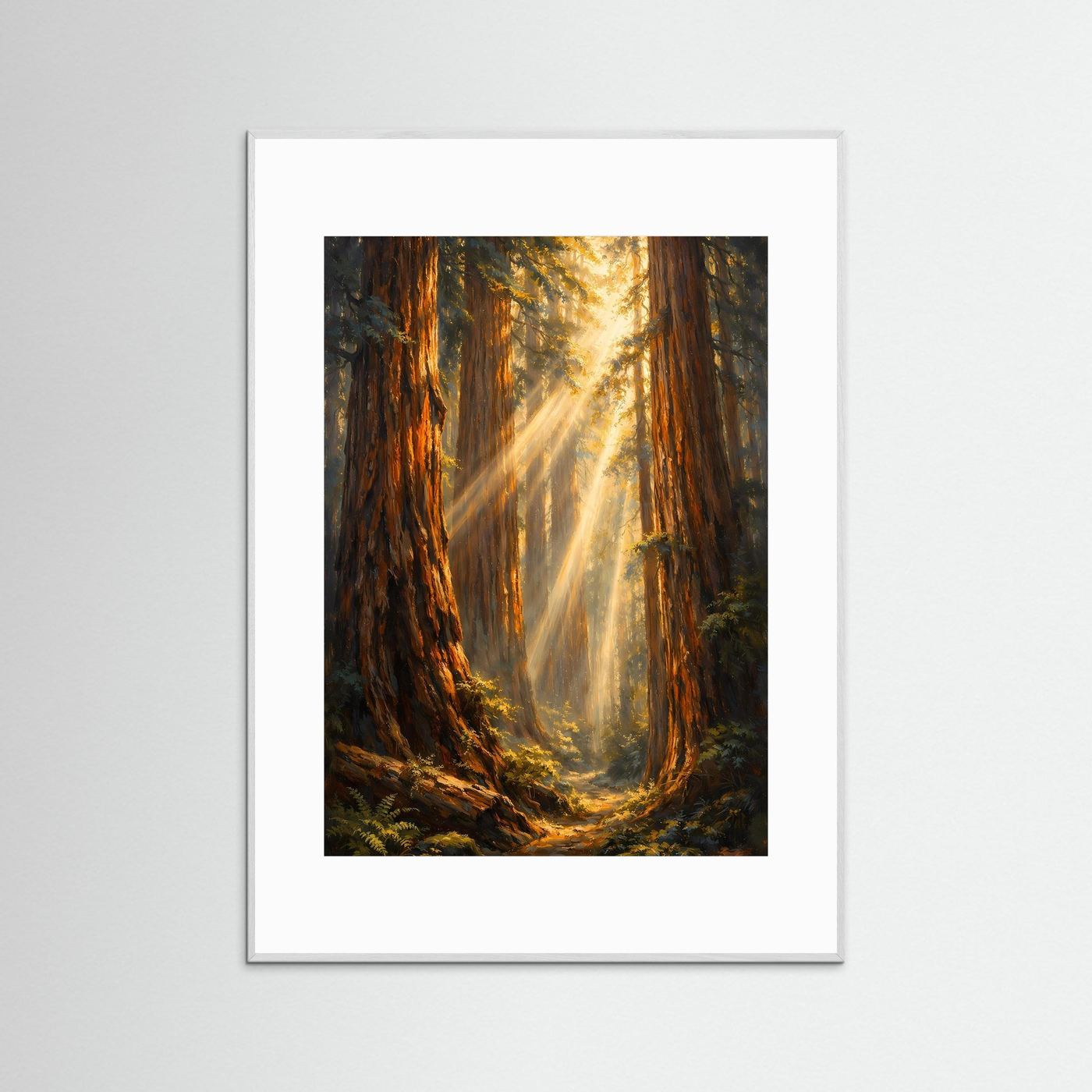 Hochformatiges Waldposter mit Mammutbäumen und Sonnenstrahlen, weißer Holzrahmen