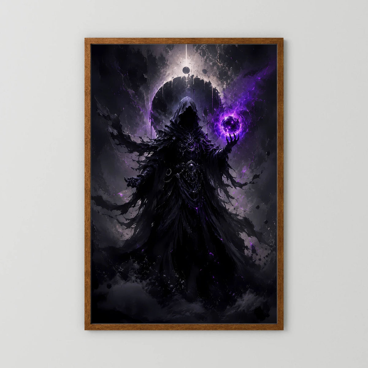 Fantasy-Poster im braunen Holzrahmen: dunkler Magier mit violetter Energie