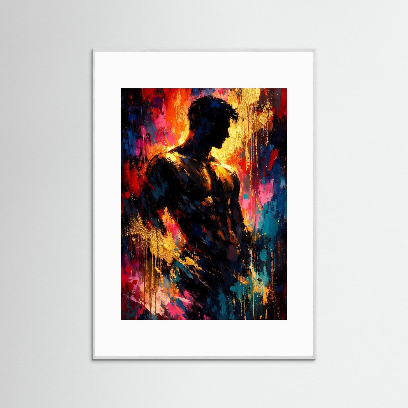 Gerahmtes Kunstposter mit abstrakter Männer-Silhouette, bunte Farb-Spritzer, weißer Holzrahmen