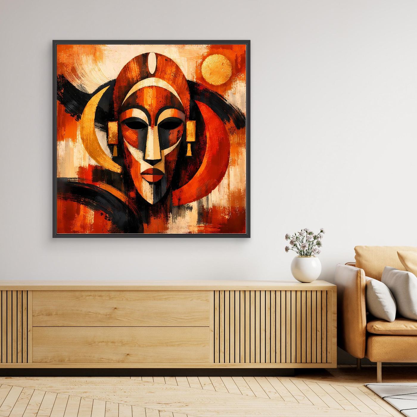 Abstraktes Leinwand-Wandbild mit afrikanischer Maske, dunkler Rahmen, rote Farbtöne