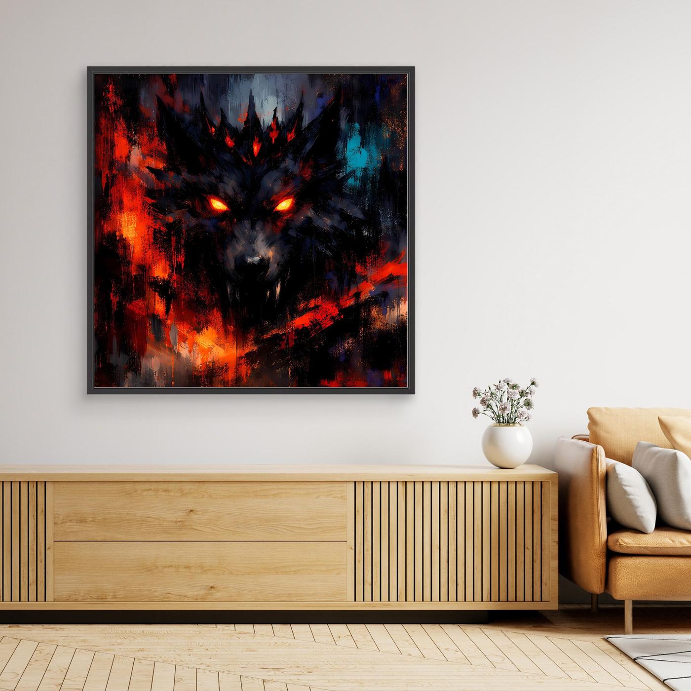 Gerahmtes Leinwand-Wandbild: Schattenwolf mit roten und blauen Flammenakzenten
