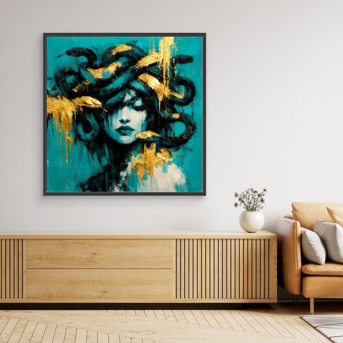 Leinwand Mythische Medusa in Türkis und Gold | Abstraktes Gorgonen Wandbild