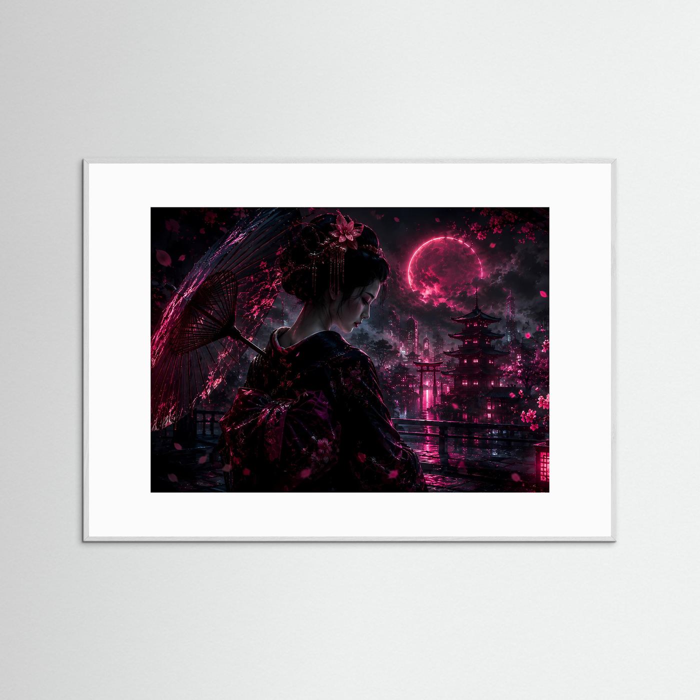Geisha bei Nacht in Neon Pink | Japanische Cyberpunk Kunst mit Mond & Pagode
