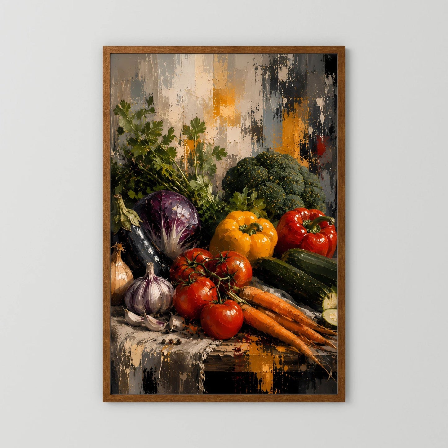 Gemüse-Poster im Hochformat mit braunem Holzrahmen, bunte Gemüse auf gemaltem Untergrund