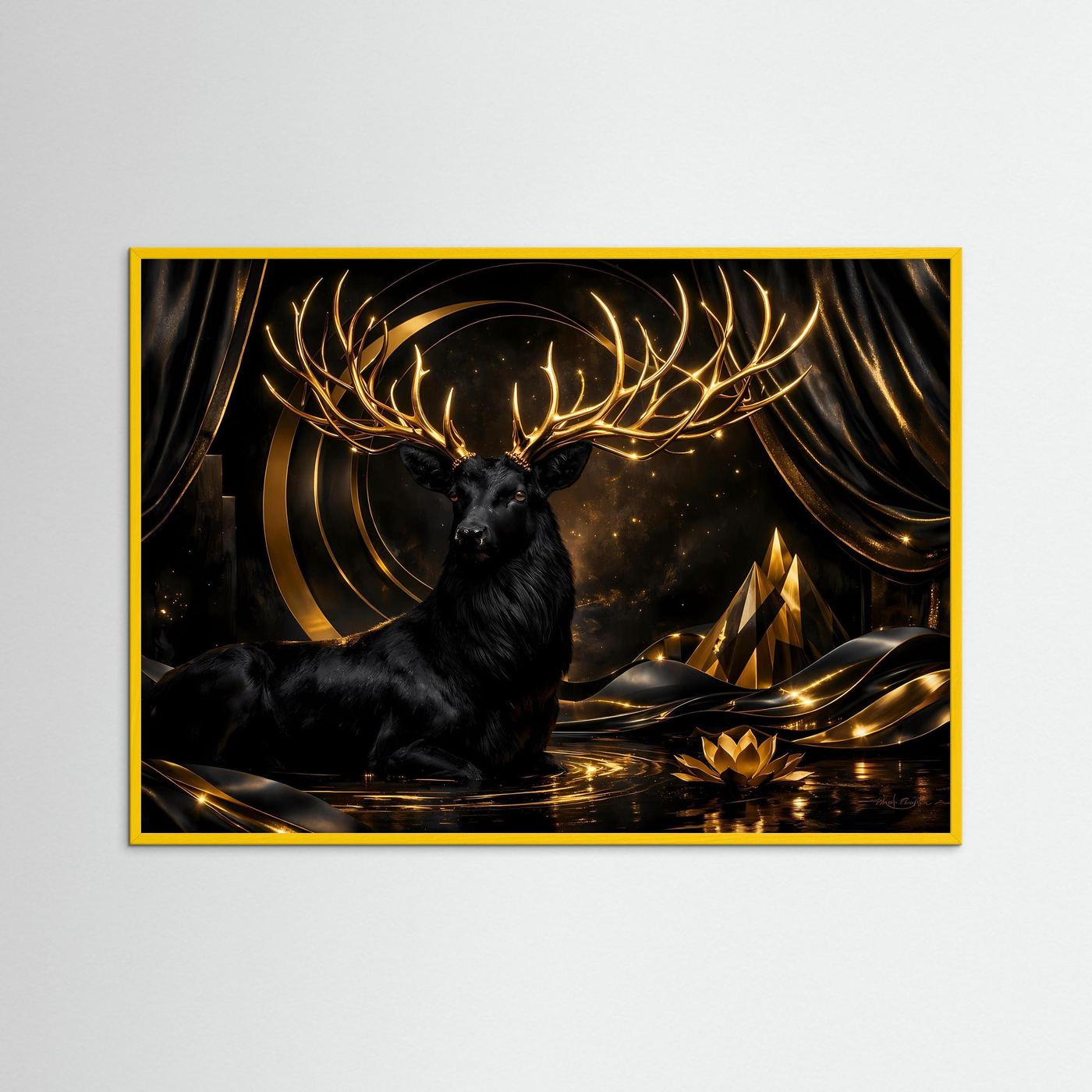 Poster Schwarzer Hirsch mit Goldenem Geweih | Majestätisches Abstraktes Wandbild