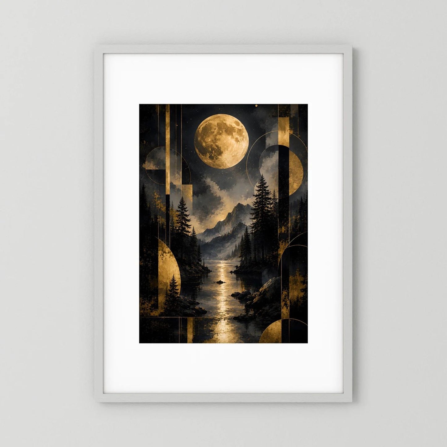 Gerahmtes Poster (Hochformat) mit goldenem Vollmond über Bergen und See, abstrakte Landschaft