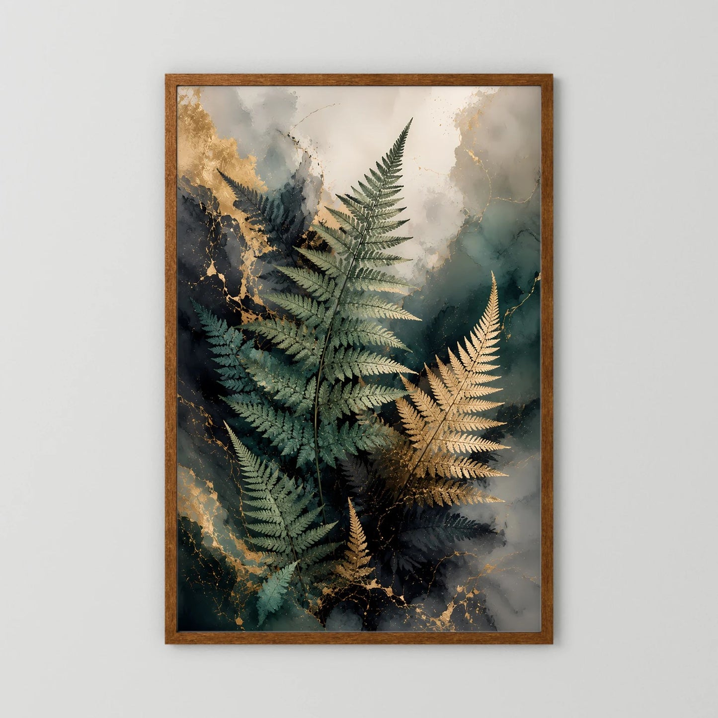 Edle Farnblätter in Grün & Gold | Botanische Kunst auf Marmoroptik | Poster Hochformat