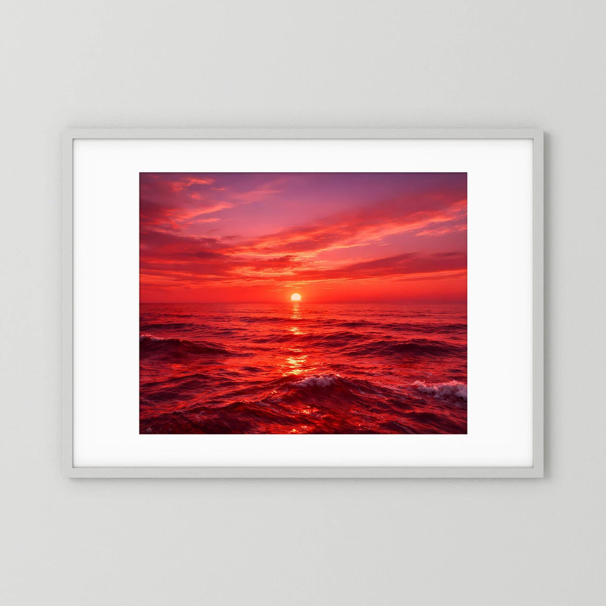 Wandbild-Poster im weißen Rahmen, Sonnenuntergang am Ozean mit rotem Meerblick
