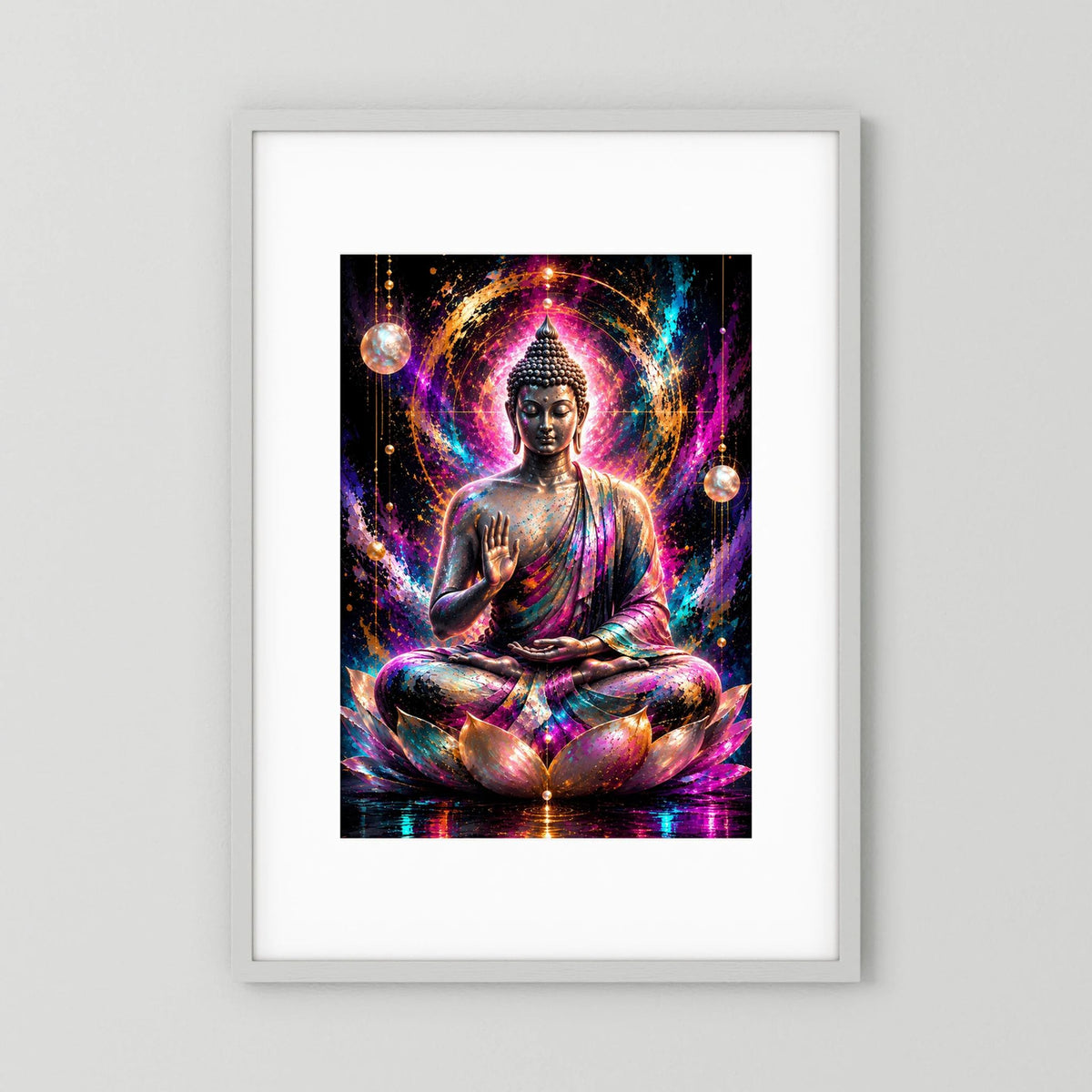 Neon-Art Poster mit meditierendem Buddha auf Lotus, pink, türkis und gold, weiß gerahmt