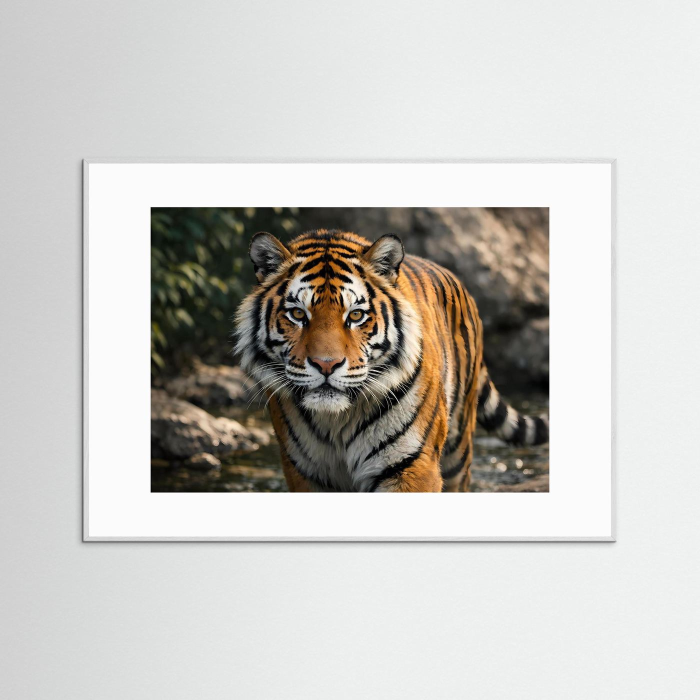 Querformat-Tigerposter mit orangebraunem Tiger im grauen Rahmen