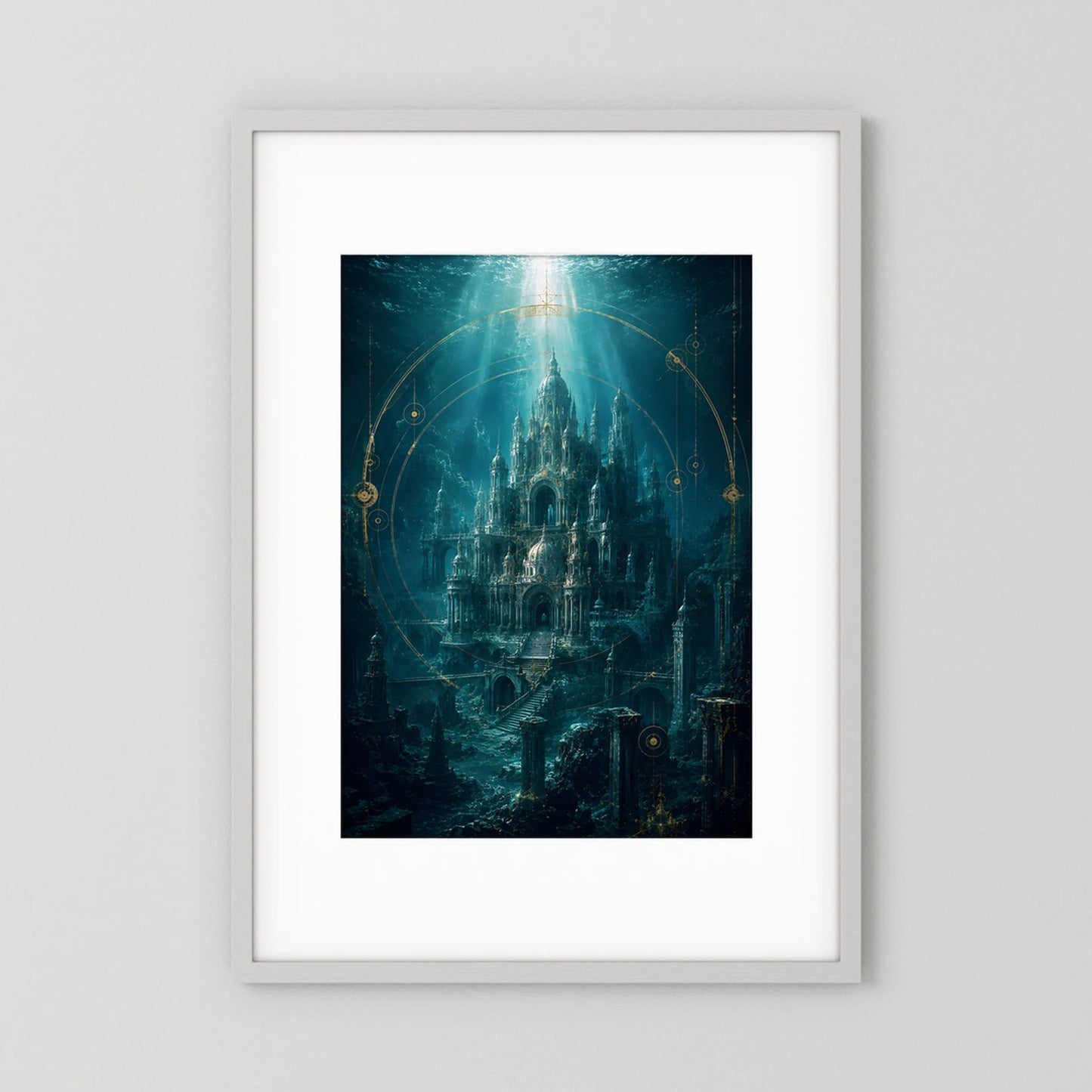 Hochformatiges Kunstposter mit versunkener Unterwasserstadt in Türkis und Gold im weißen Rahmen