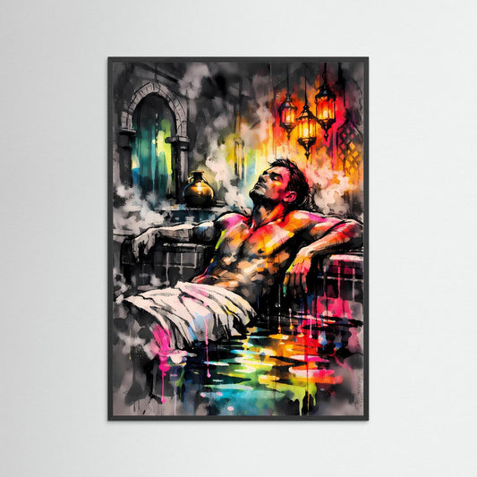 Die Kunst des Orients | Neon Hamam Poster mit orientalischer Silhouette & Regenbogen-Farben | Abstraktes Dampfbad Kunstposter Hochformat