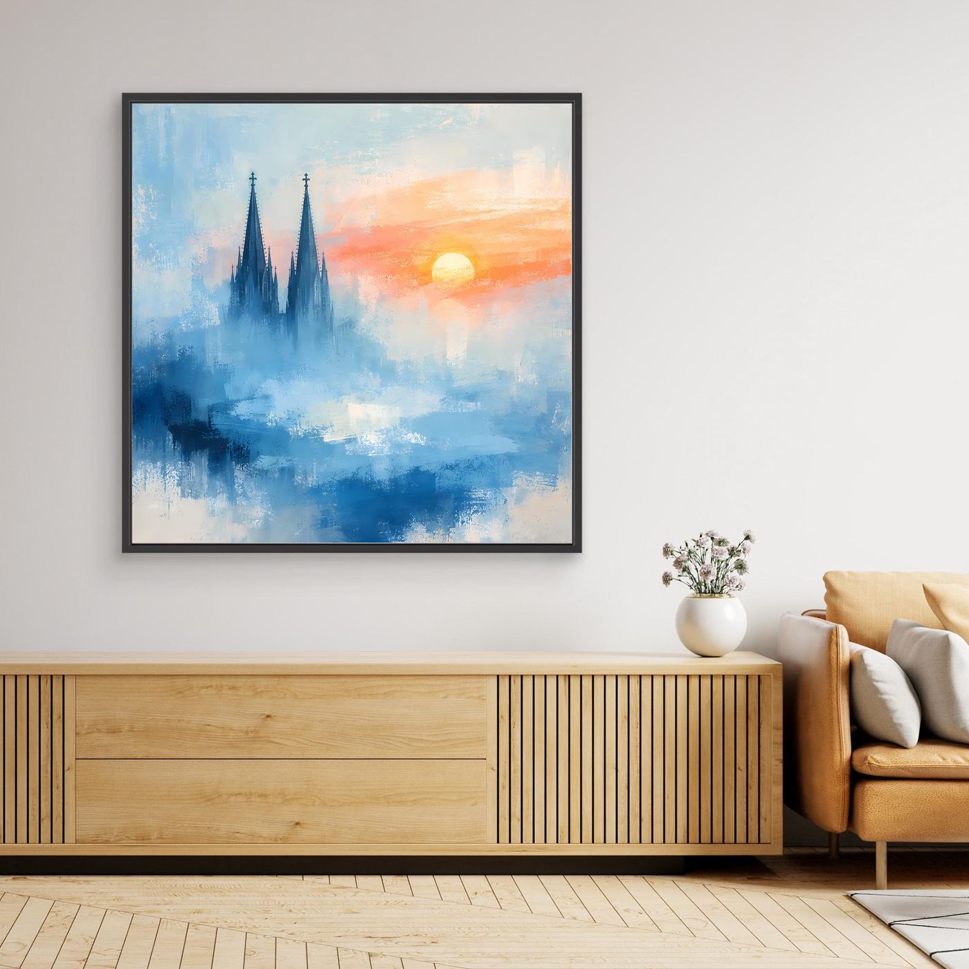 Kölner Dom Silhouette in Nebelblau | Moderne Abstrakte Leinwand mit Sonnenaufgang