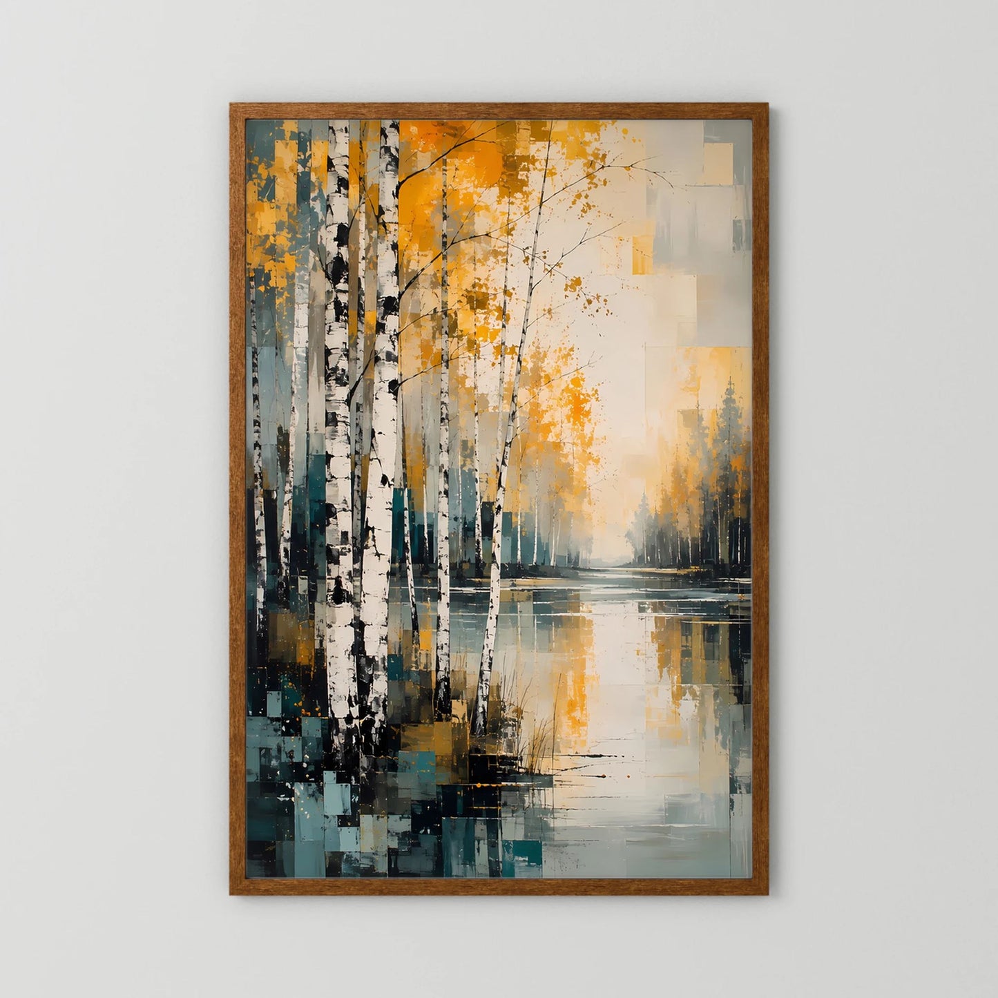 Gerahmtes Poster mit Birken im Herbst, goldene Partikel und petrolfarbene See-Reflexion