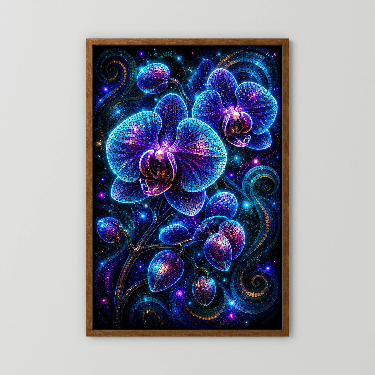 Poster Hochformat: leuchtende blau-violette Orchideen im Mosaik, brauner Holzrahmen