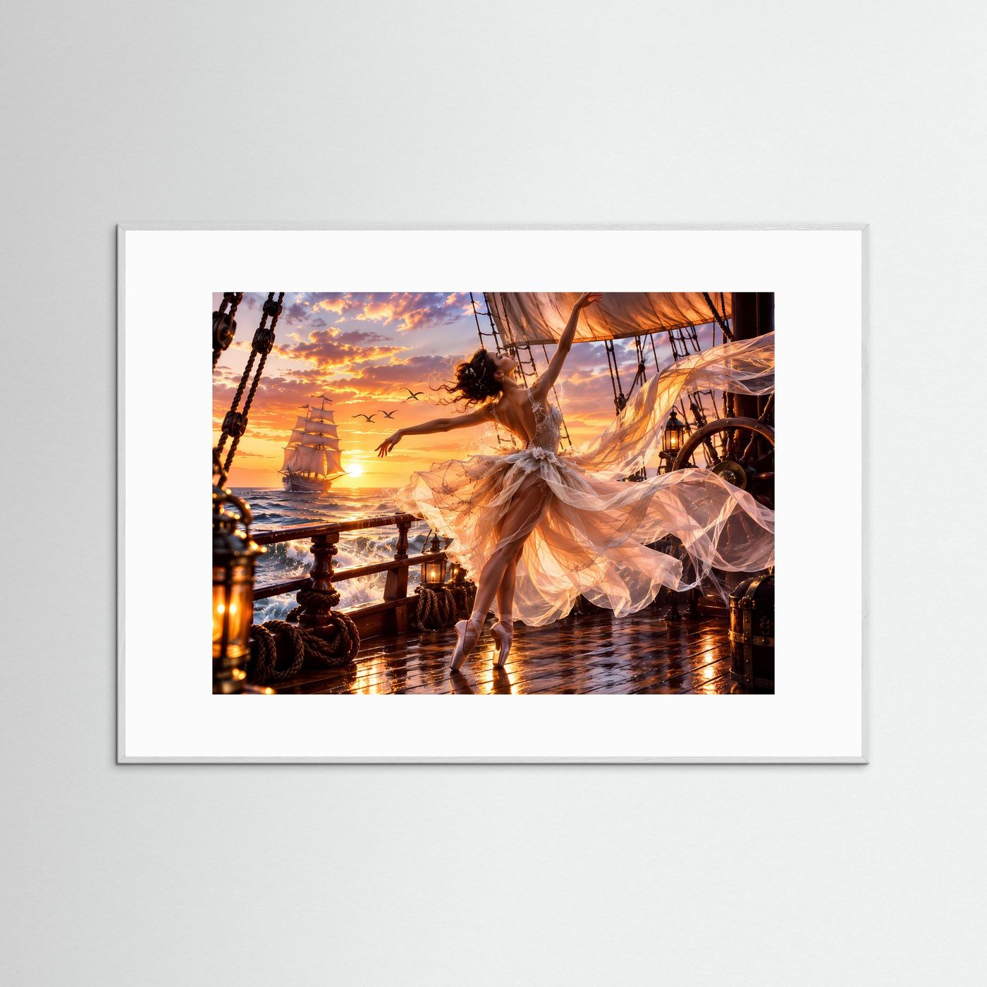Ballerina auf Segelschiff Poster | Romantische Meereskunst | Sonnenuntergang Wandbild | Elegante Tanzkunst | Premium Leinwandbild