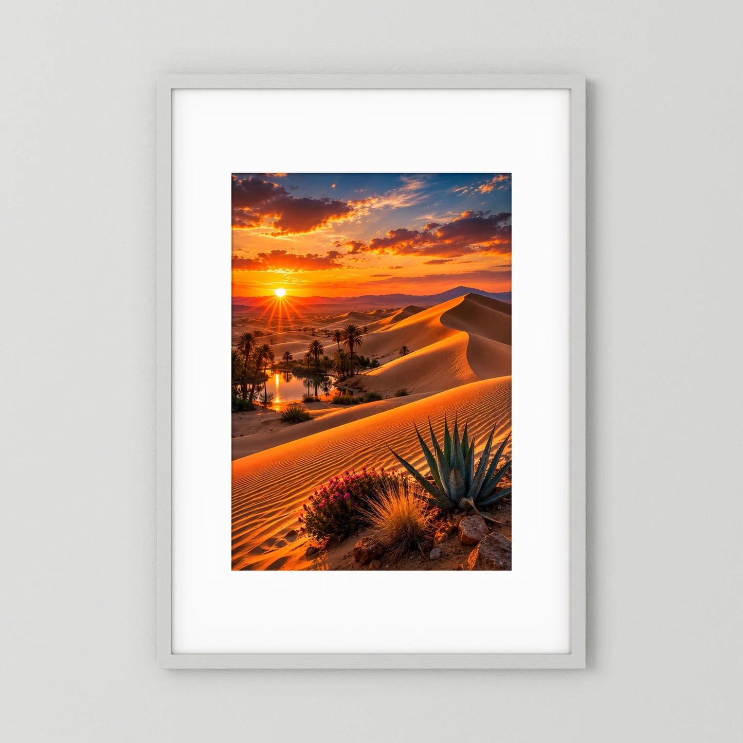 Hochformat-Poster: Wüste mit Oase, goldene Sanddünen, Palmen und Sonnenuntergang, weiß gerahmt