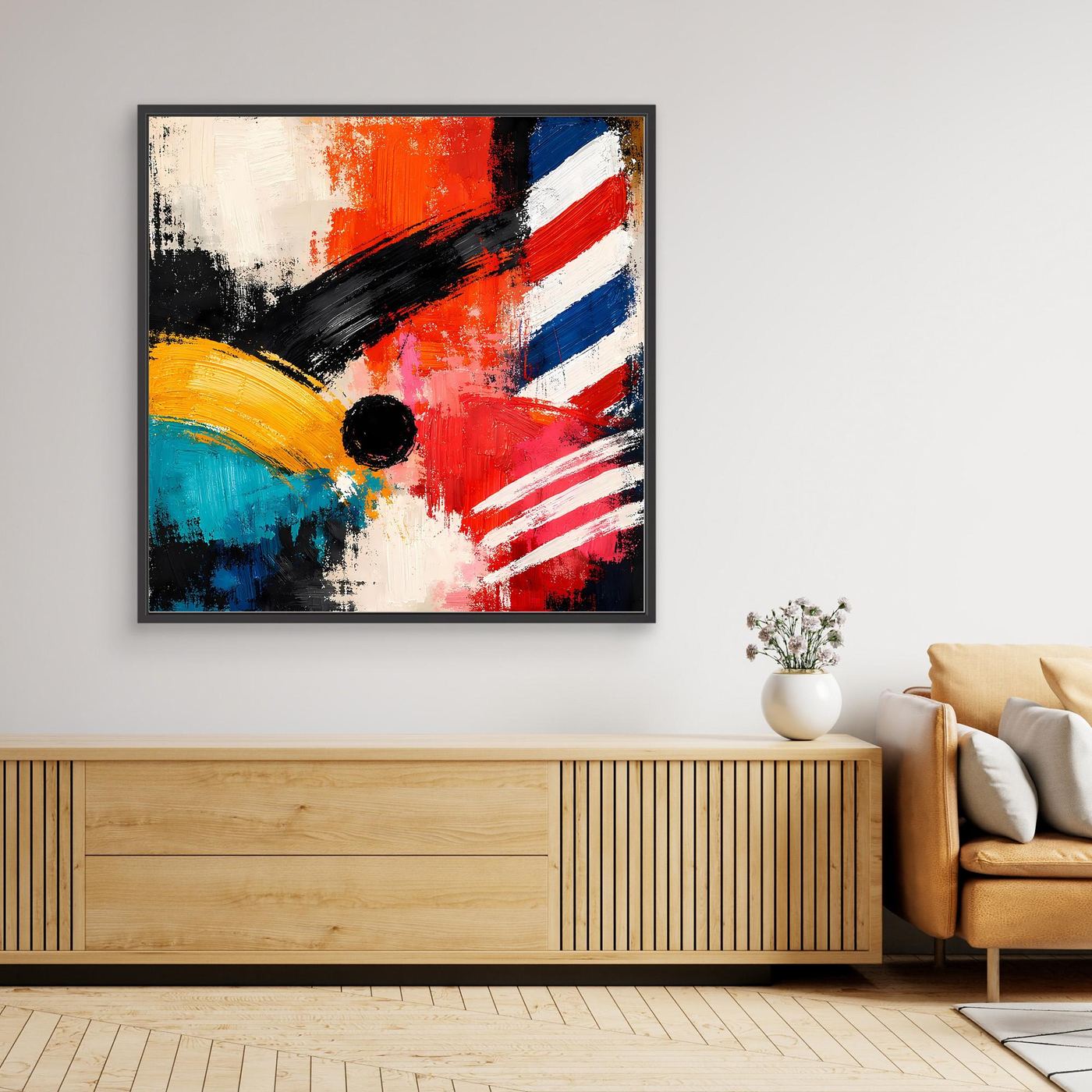 Framed abstract canvas wall art, bold geometric paint strokes in red, white, blue, yellow
