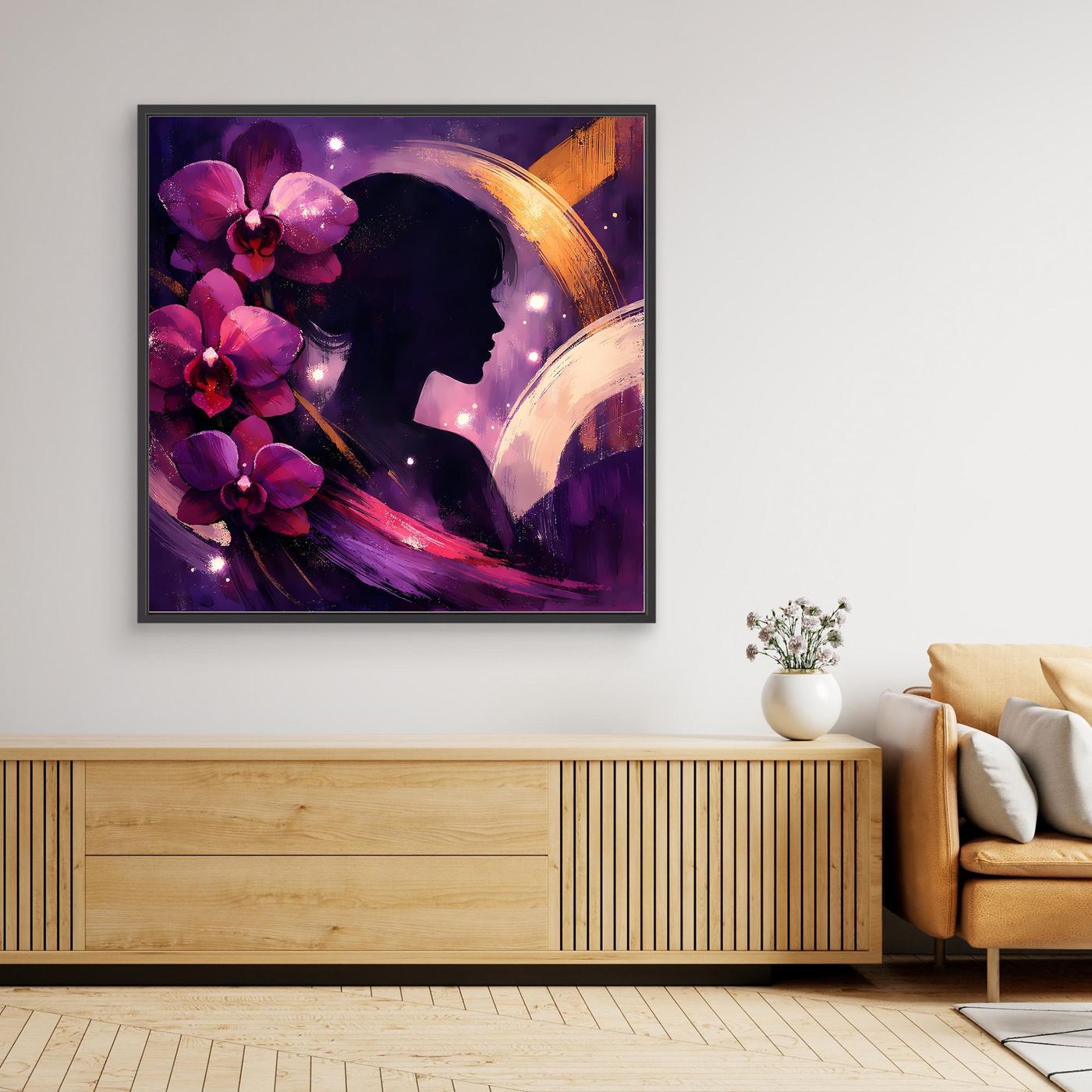 Schwarz gerahmtes Leinwandbild: Silhouette, magentafarbene Blumen, goldene Bögen