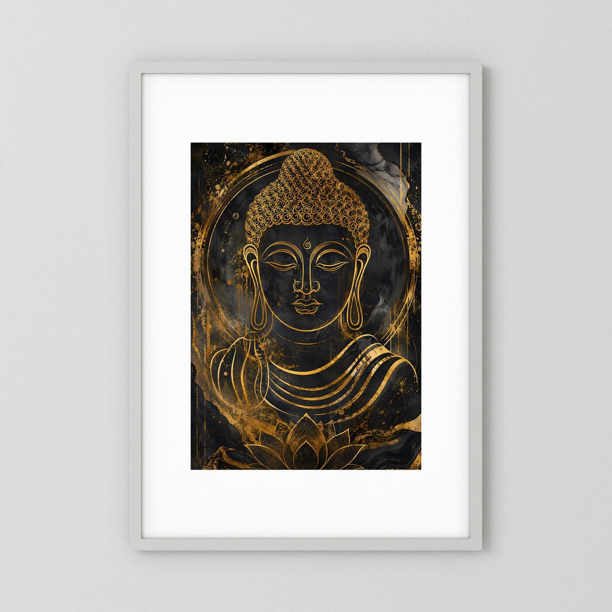 Gerahmtes Buddha-Poster im Hochformat: goldene Büste auf dunklem Hintergrund