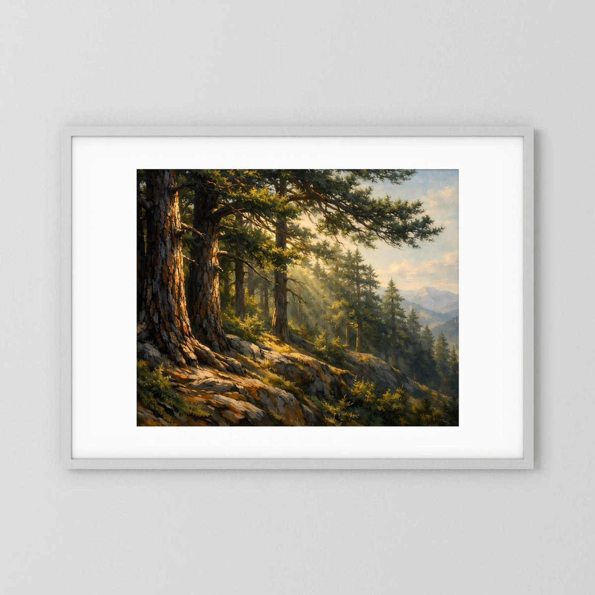 Wandbild Querformat mit Wald- und Berge-Motiv im weißen Rahmen